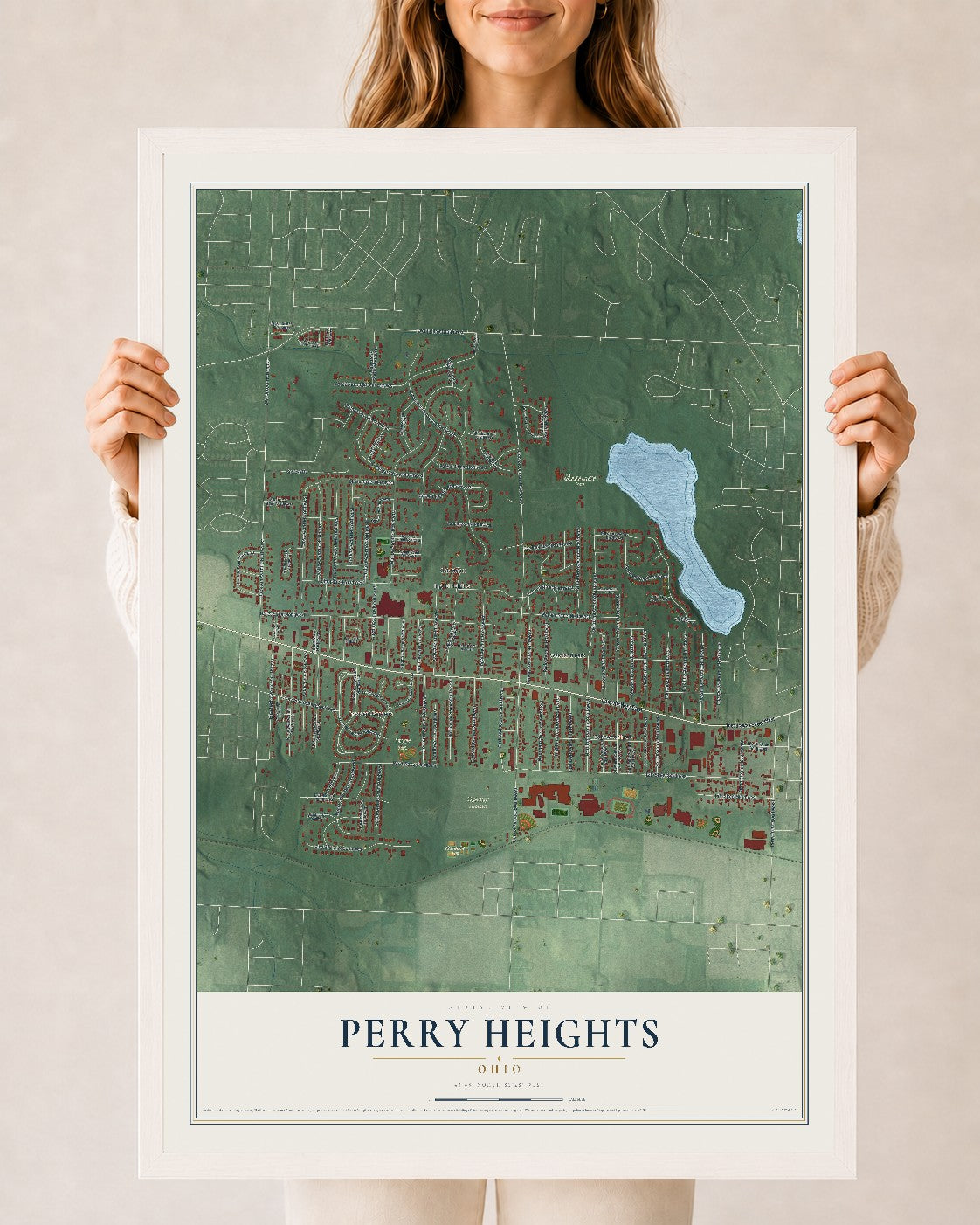 Map of Perry Heights, Ohio, 24 x 36 inch print in a white wood frame