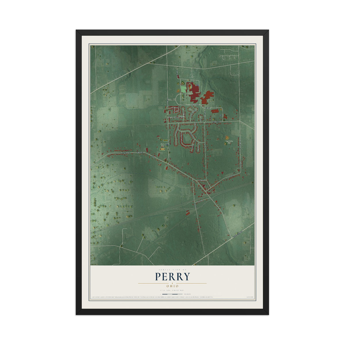 Map of Perry, Ohio, 12 x 18 inch print in a black wood frame