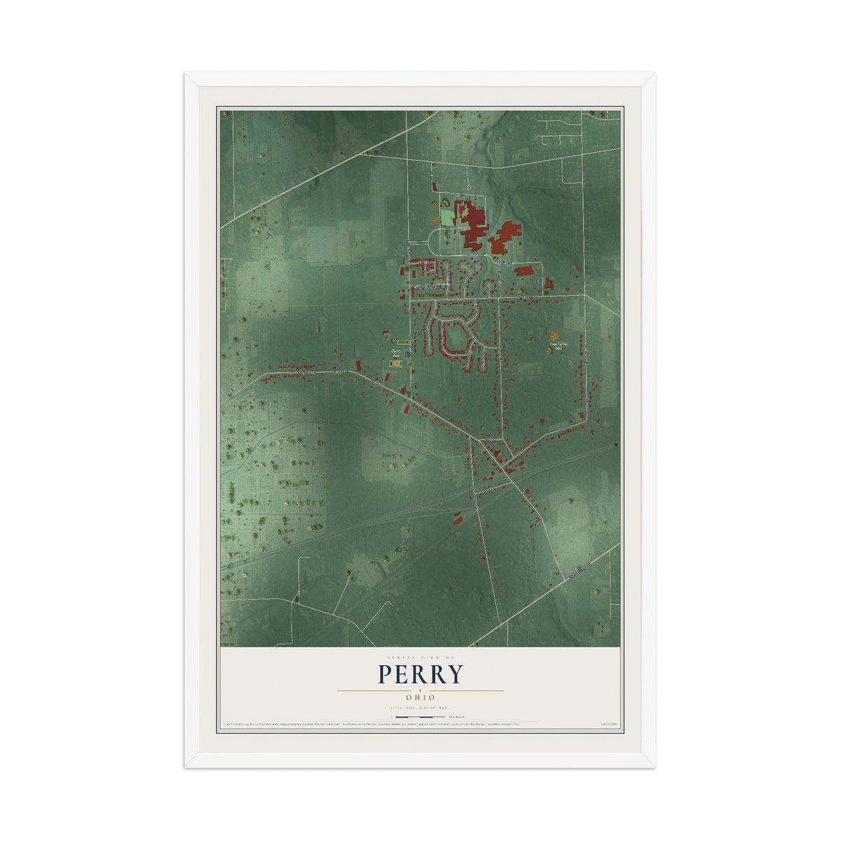 Map of Perry, Ohio, 12 x 18 inch print in a white wood frame