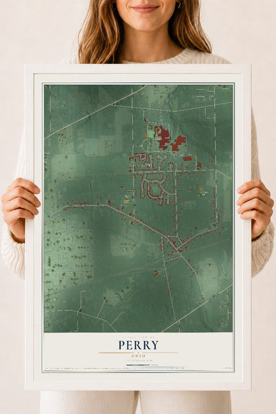 Map of Perry, Ohio, 18 x 24 inch print in a white wood frame