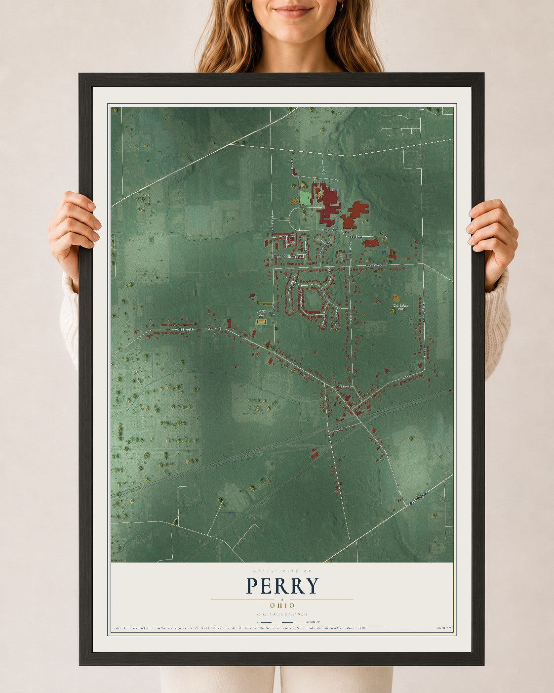 Map of Perry, Ohio, 24 x 36 inch print in a black wood frame