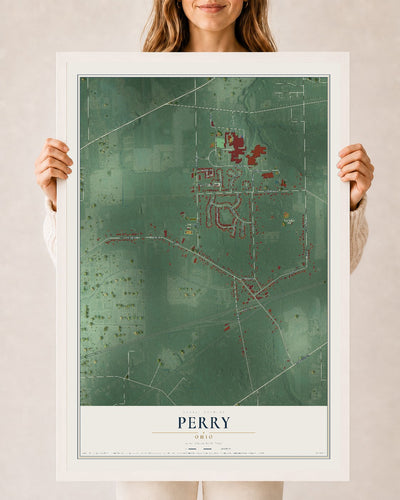Map of Perry, Ohio, 24 x 36 inch print in a white wood frame
