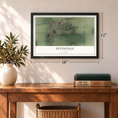 Pettisville, Ohio map, 12 x 18 inch print in a black frame in an entryway