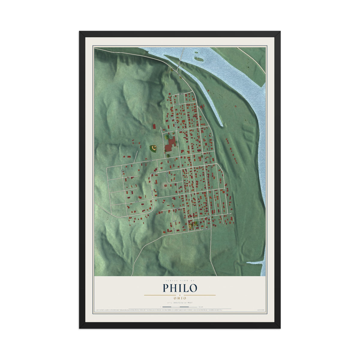 Map of Philo, Ohio, 12 x 18 inch print in a black wood frame