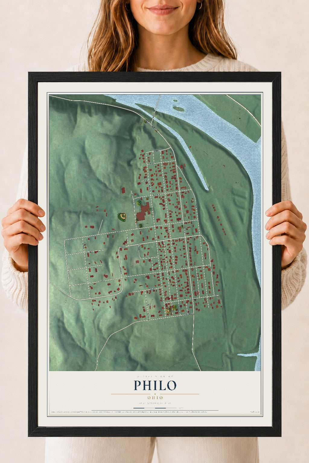 Map of Philo, Ohio, 18 x 24 inch print in a black wood frame
