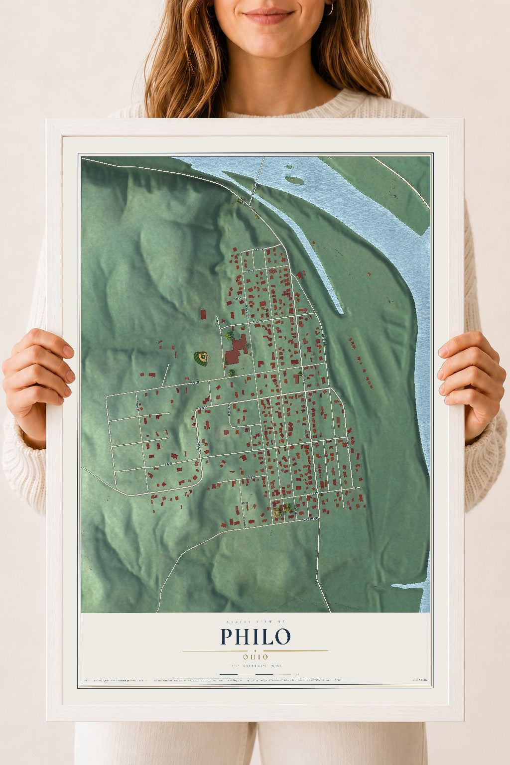Map of Philo, Ohio, 18 x 24 inch print in a white wood frame