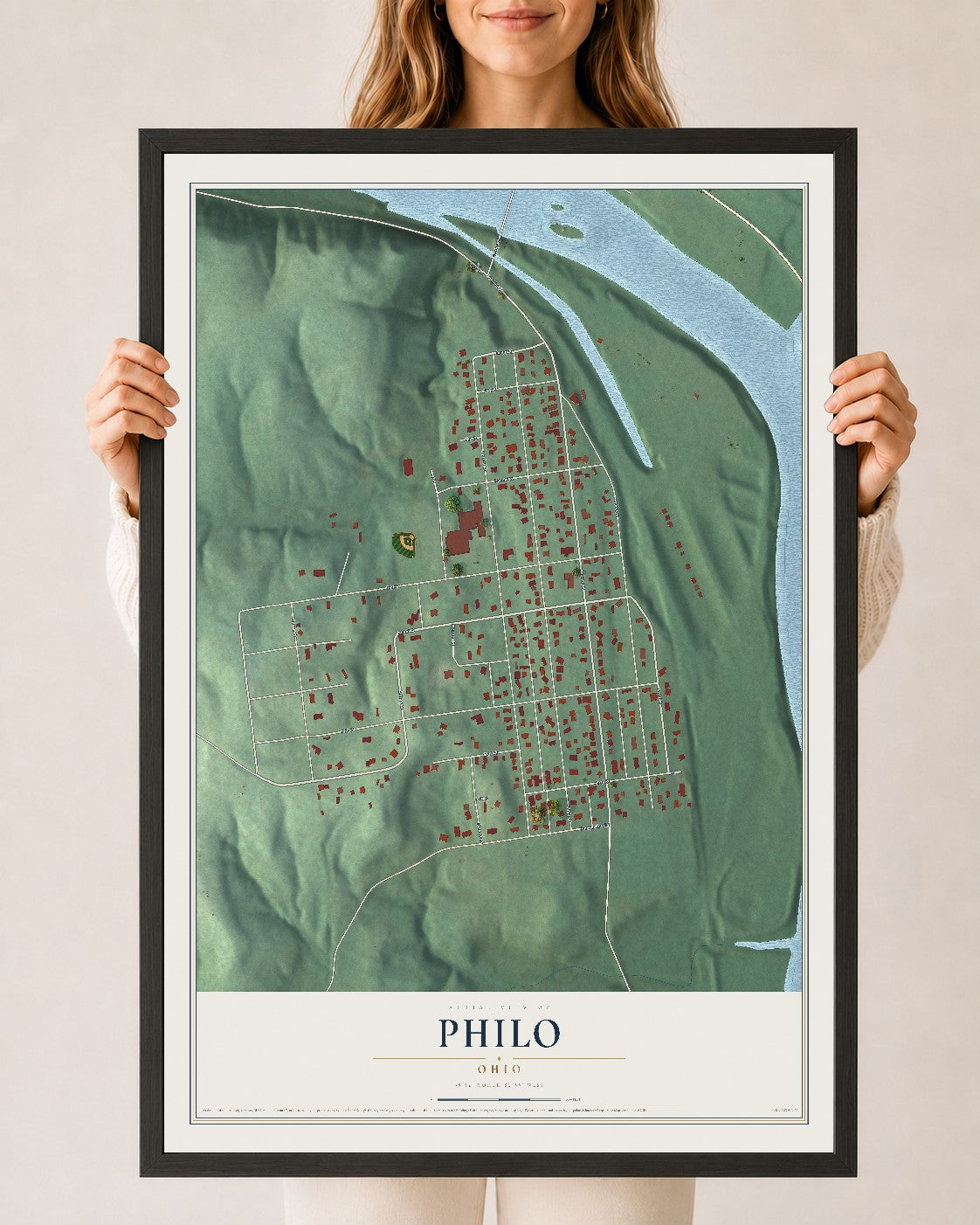 Map of Philo, Ohio, 24 x 36 inch print in a black wood frame