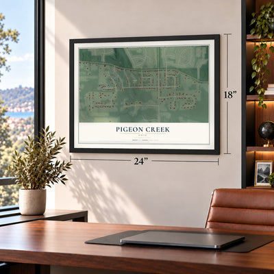 Pigeon Creek, Ohio map, 18 x 24 inch print in a black frame in a home office