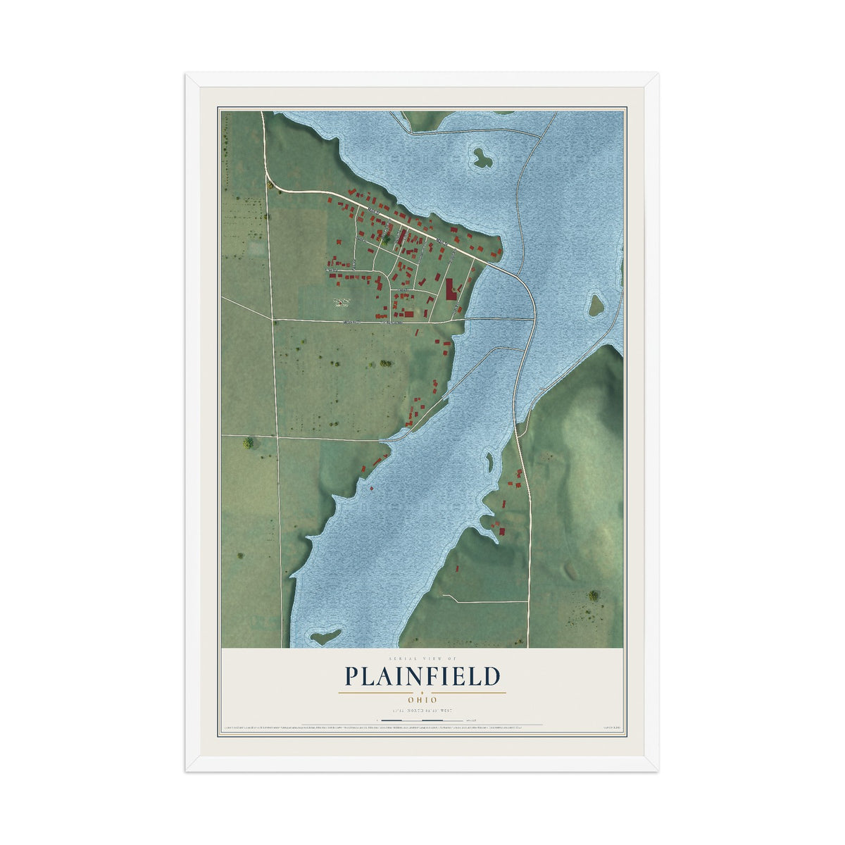 Map of Plainfield, Ohio, 12 x 18 inch print in a white wood frame