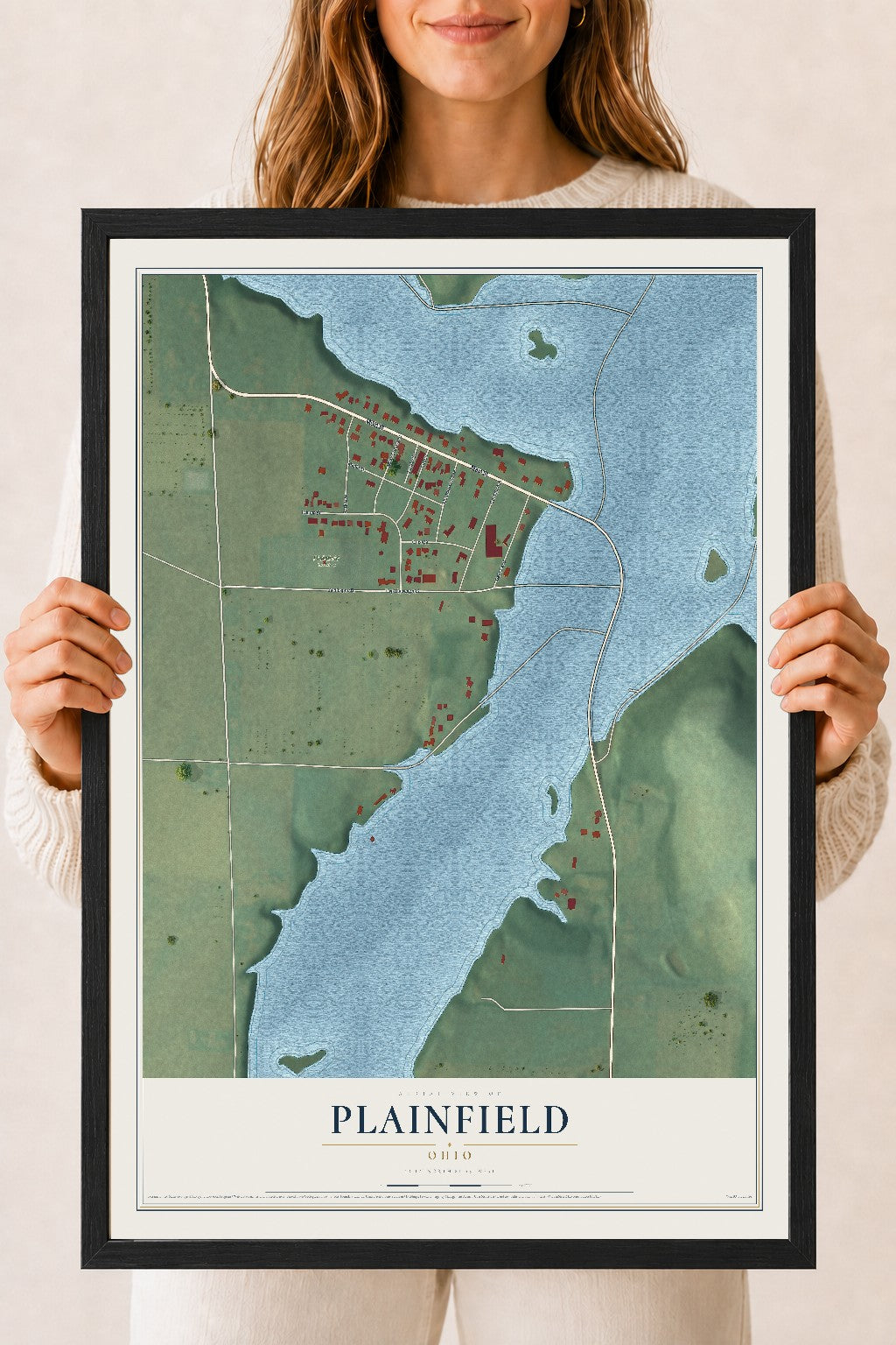 Map of Plainfield, Ohio, 18 x 24 inch print in a black wood frame