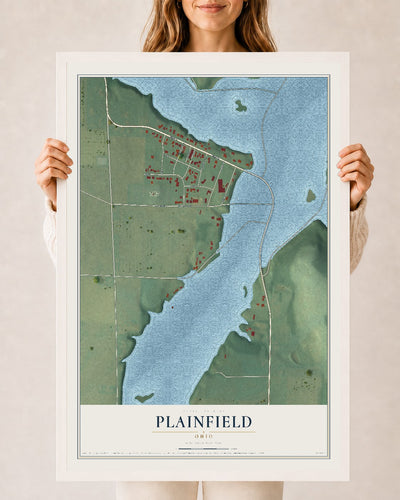 Map of Plainfield, Ohio, 24 x 36 inch print in a white wood frame