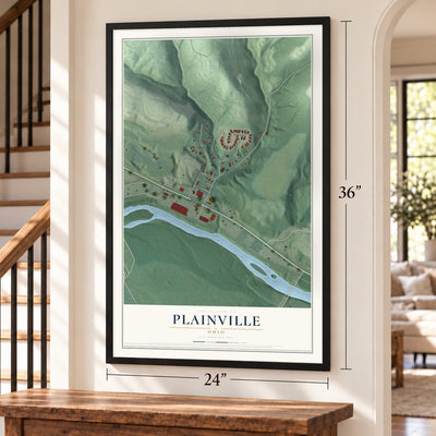 Plainville, Ohio map, 24 x 36 inch print in a black frame by a staircase