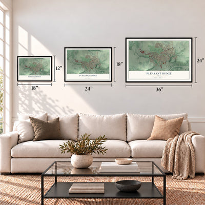 Pleasant Ridge, Ohio map in 12 x 18, 18 x 24 and 24 x 36 inch sizes above a sofa