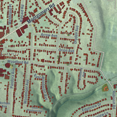Close-up of the map of Pleasant Ridge, Ohio print showing street and building detail