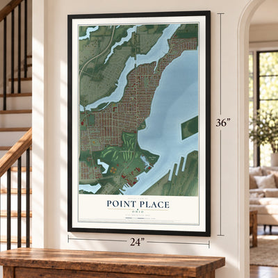 Point Place, Ohio map, 24 x 36 inch print in a black frame by a staircase