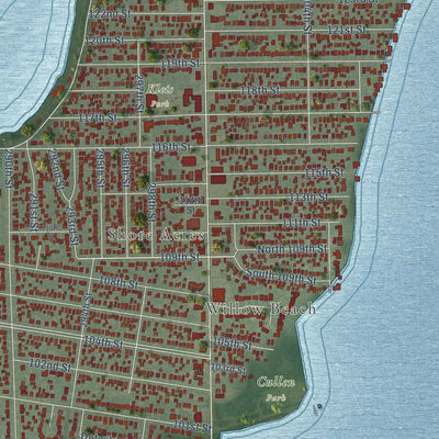 Close-up of the map of Point Place, Ohio print showing street and building detail