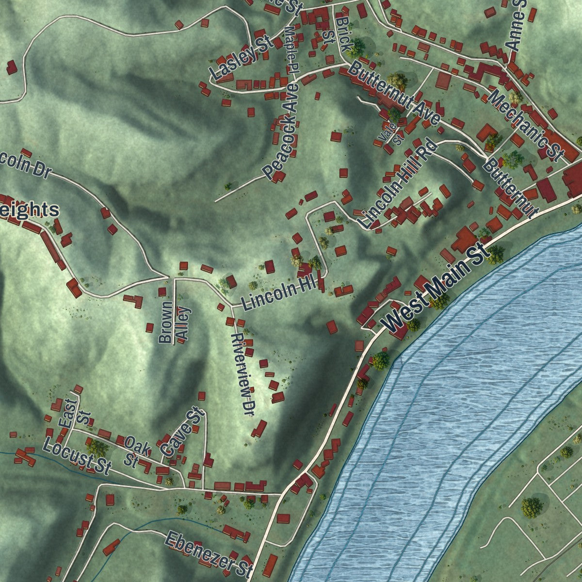 Close-up of the map of Pomeroy, Ohio print showing street and building detail