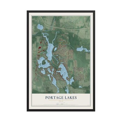 Map of Portage Lakes, Ohio, 12 x 18 inch print in a black wood frame