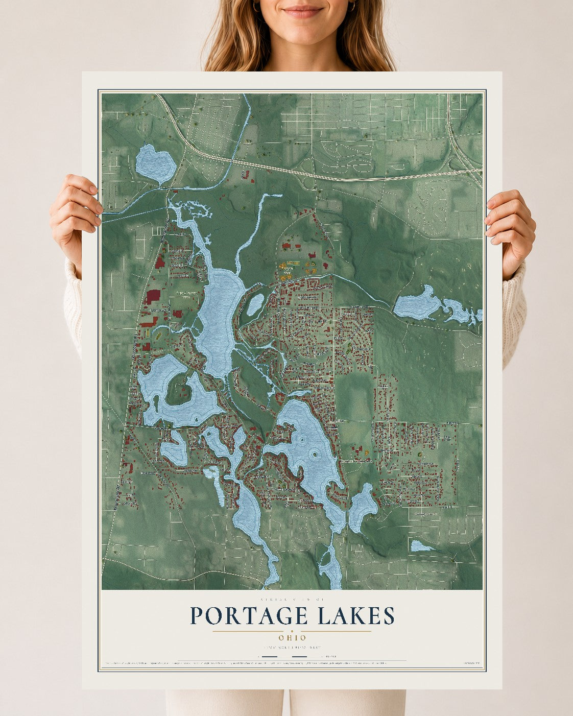 Map of Portage Lakes, Ohio, 24 x 36 inch unframed archival matte print