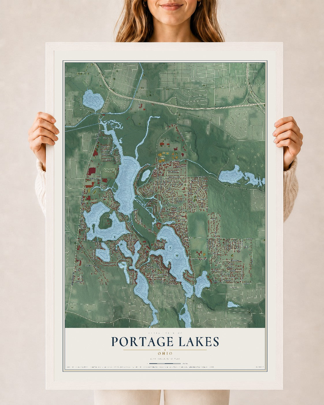 Map of Portage Lakes, Ohio, 24 x 36 inch print in a white wood frame