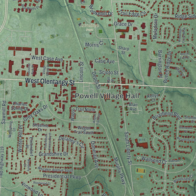 Close-up of the map of Powell, Ohio print showing street and building detail