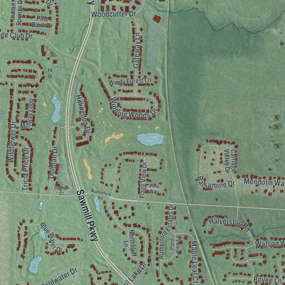 Second close-up of the map of Powell, Ohio print showing more streets and buildings