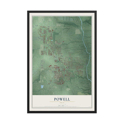 Map of Powell, Ohio, 12 x 18 inch print in a black wood frame
