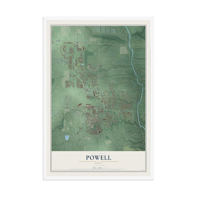 Map of Powell, Ohio, 12 x 18 inch print in a white wood frame