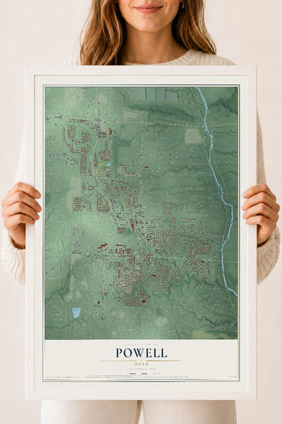 Map of Powell, Ohio, 18 x 24 inch print in a white wood frame