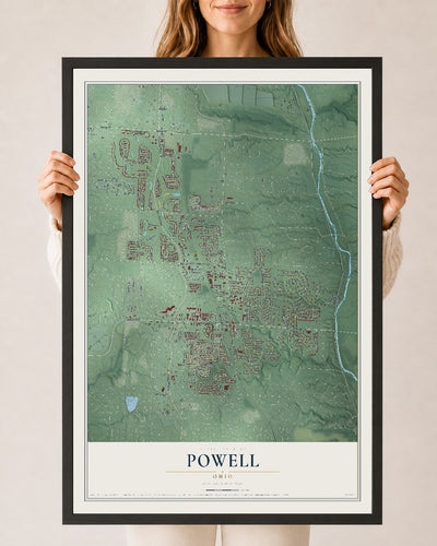 Map of Powell, Ohio, 24 x 36 inch print in a black wood frame