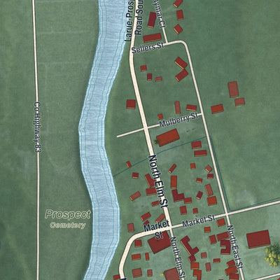 Second close-up of the map of Prospect, Ohio print showing more streets and buildings