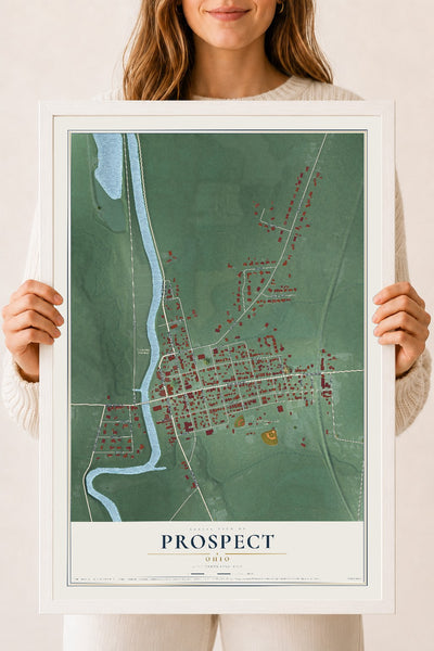 Map of Prospect, Ohio, 18 x 24 inch print in a white wood frame