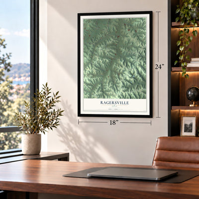 Ragersville, Ohio map, 18 x 24 inch print in a black frame in a home office