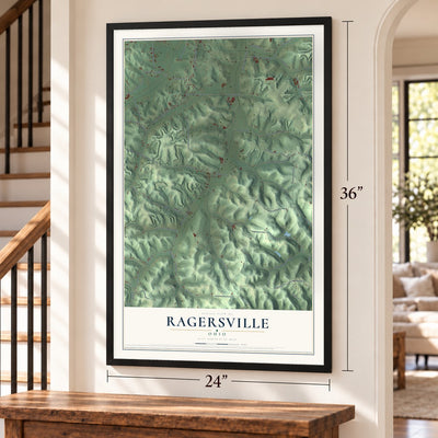 Ragersville, Ohio map, 24 x 36 inch print in a black frame by a staircase
