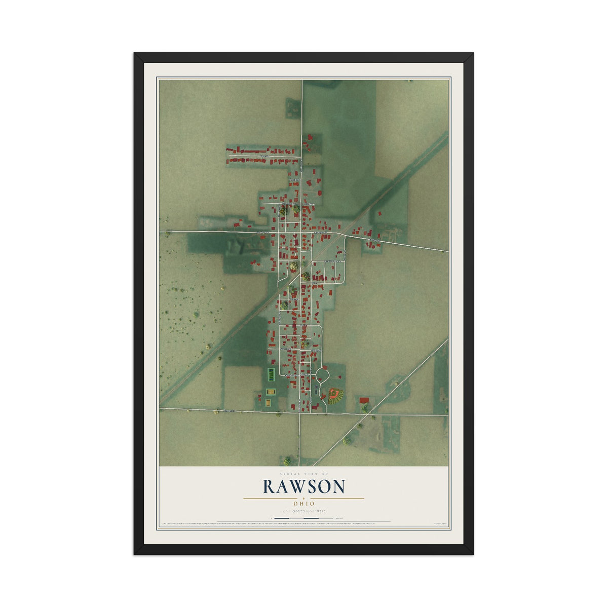 Map of Rawson, Ohio, 12 x 18 inch print in a black wood frame
