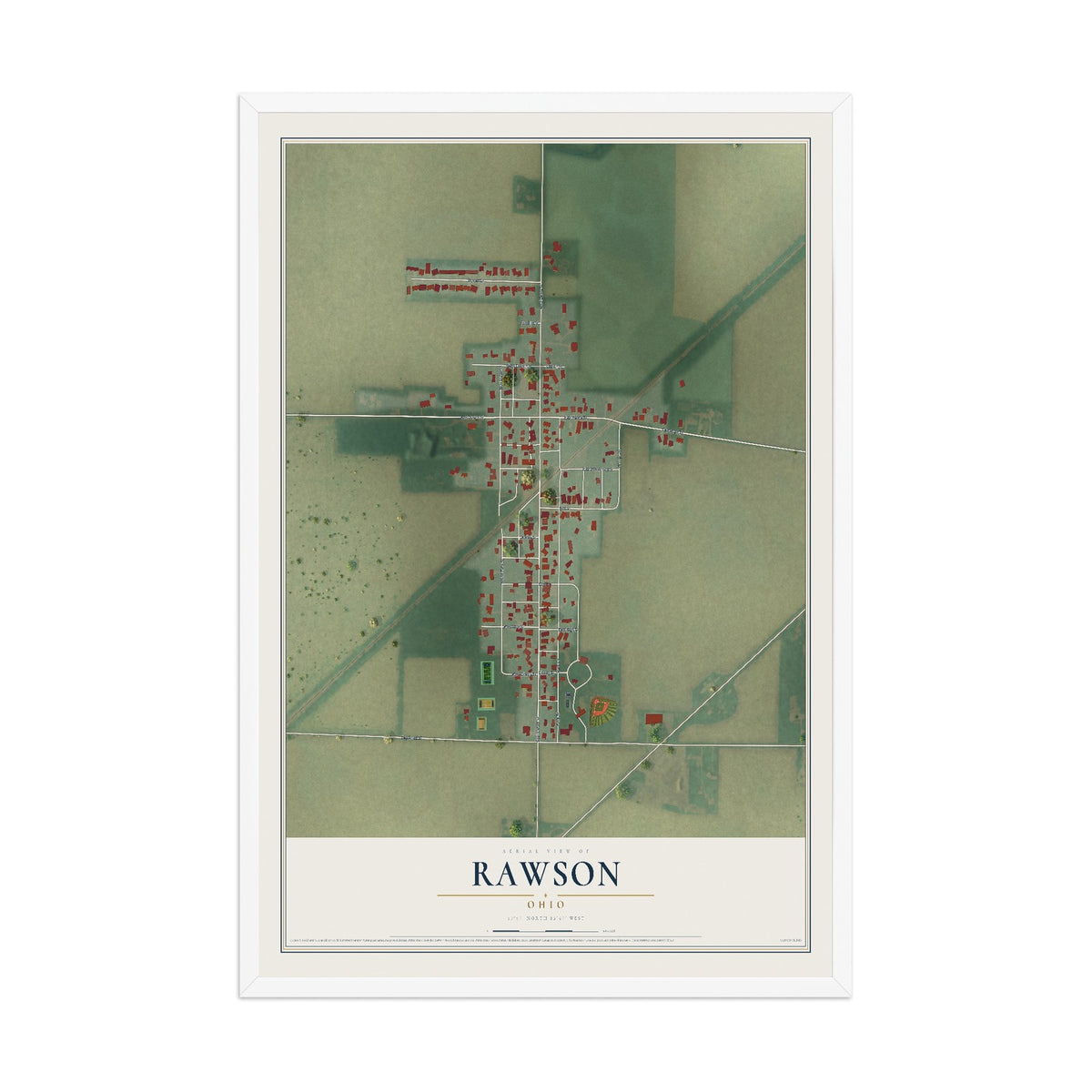 Map of Rawson, Ohio, 12 x 18 inch print in a white wood frame
