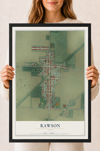 Map of Rawson, Ohio, 18 x 24 inch print in a black wood frame