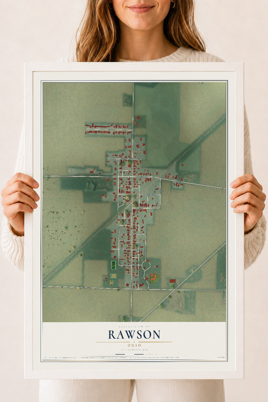 Map of Rawson, Ohio, 18 x 24 inch print in a white wood frame