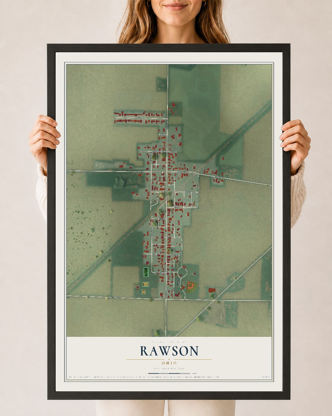 Map of Rawson, Ohio, 24 x 36 inch print in a black wood frame