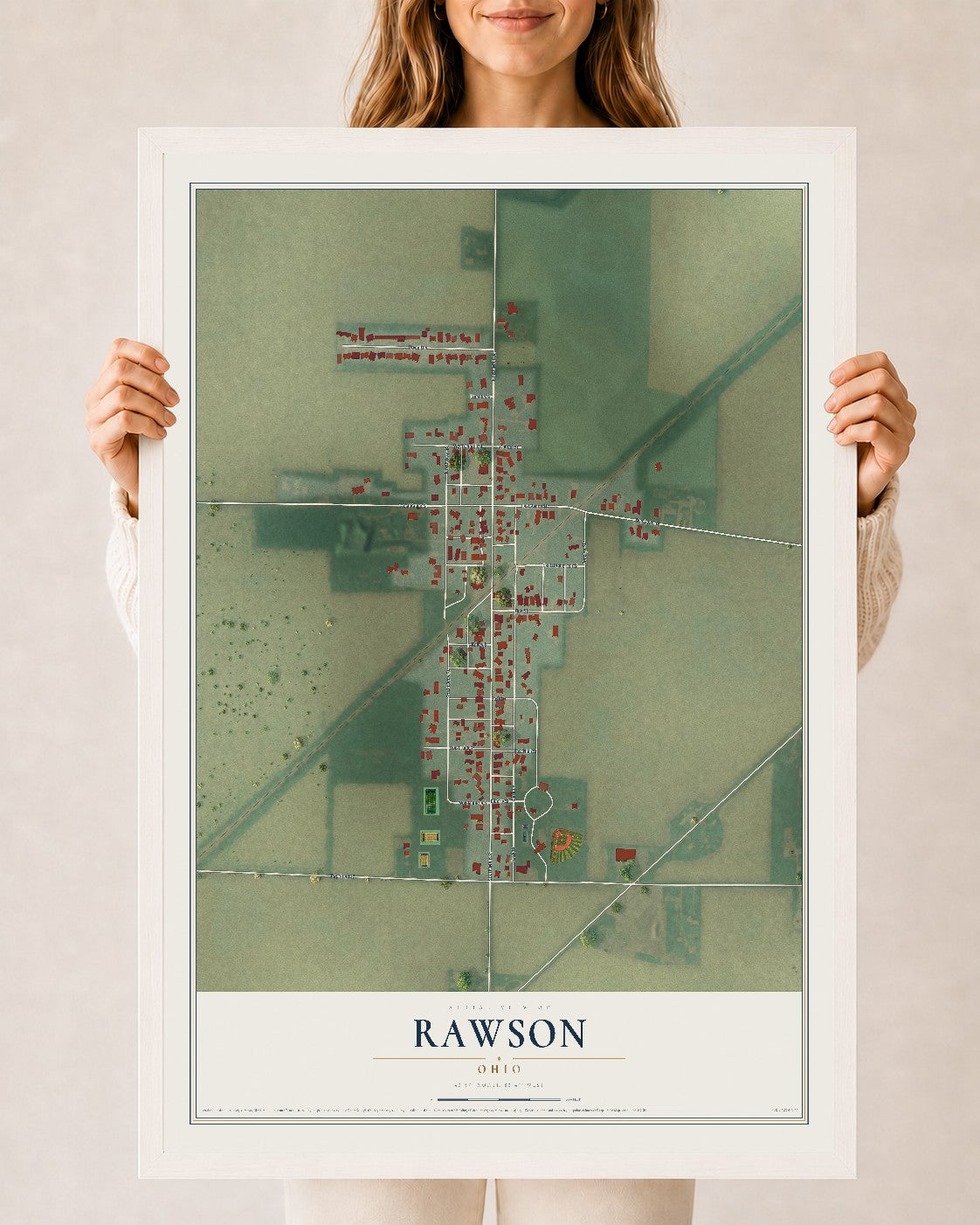 Map of Rawson, Ohio, 24 x 36 inch print in a white wood frame