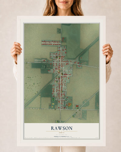 Map of Rawson, Ohio, 24 x 36 inch print in a white wood frame