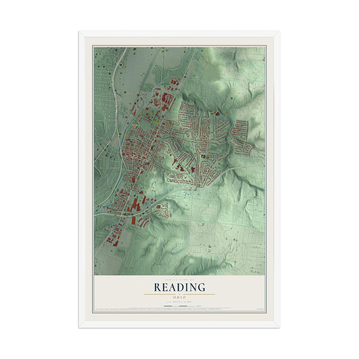 Map of Reading, Ohio, 12 x 18 inch print in a white wood frame