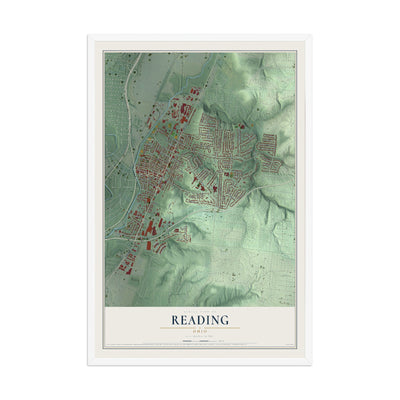 Map of Reading, Ohio, 12 x 18 inch print in a white wood frame