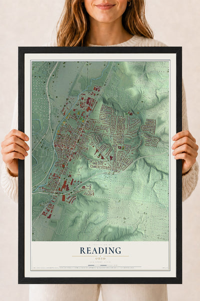Map of Reading, Ohio, 18 x 24 inch print in a black wood frame