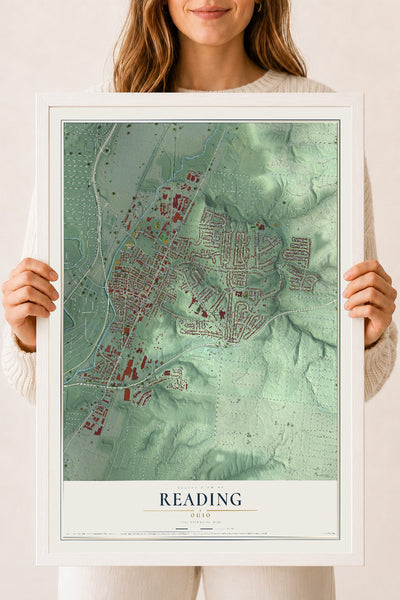 Map of Reading, Ohio, 18 x 24 inch print in a white wood frame