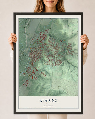Map of Reading, Ohio, 24 x 36 inch print in a black wood frame