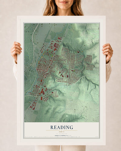 Map of Reading, Ohio, 24 x 36 inch print in a white wood frame