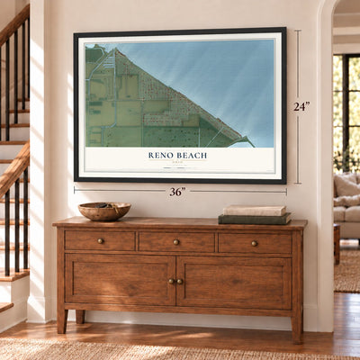 Reno Beach, Ohio map, 24 x 36 inch print in a black frame above a dresser by a staircase