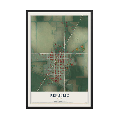 Map of Republic, Ohio, 12 x 18 inch print in a black wood frame