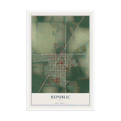 Map of Republic, Ohio, 12 x 18 inch print in a white wood frame